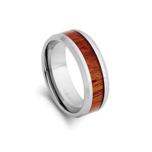 Silver Men's Ring with Thick Wooden Band and Curved Edge