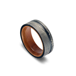 Black Men's Ring with White Pattern and Wood Interior