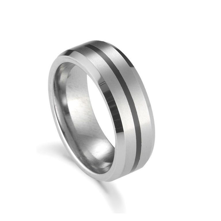 Silver Men's Ring with Small Black Band and Rounded Edges
