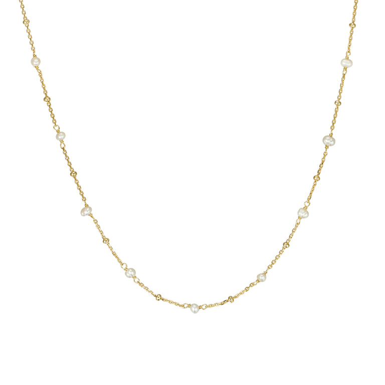 Gold Bead and Freshwater Pearl Chain Necklace