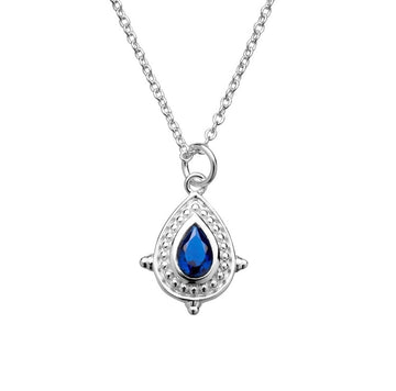 Sterling silver necklace with teardrop sapphire glass pendant