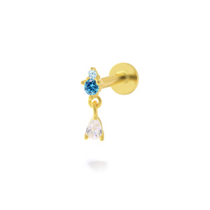 Gold Flat Back (single) Drop Earring with Aquamarine CZ