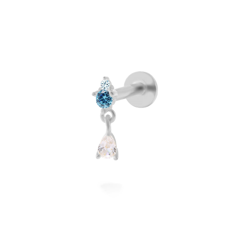 Silver Flat Back (single) Drop Earring with Aquamarine CZ